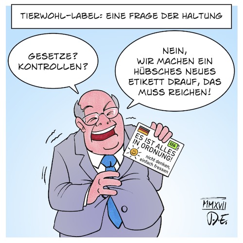 Cartoon: Tierwohl-Label (medium) by Timo Essner tagged bundesagrarminister,agrarminister,landwirtschaftsminister,bmel,christian,schmidt,csu,cdu,groko,tierwohl,label,labelling,etikettenschwindel,tierschutz,mastindustrie,tiermast,wirtschaft,export,fleisch,cartoon,timo,essner,bundesagrarminister,agrarminister,landwirtschaftsminister,bmel,christian,schmidt,csu,cdu,groko,tierwohl,label,labelling,etikettenschwindel,tierschutz,mastindustrie,tiermast,wirtschaft,export,fleisch,cartoon,timo,essner