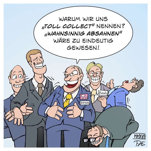 Cartoon: Toll Collect (medium) by Timo Essner tagged toll,collect,hanns,karsten,kirchmann,tiefensee,ramsauer,andreas,scheuer,alexander,dobrindt,staatssekretär,schulz,verkehrsministerium,verkehr,verkehrsminister,maut,autobahn,lkw,mautsystem,lastwagen,deutsche,telekom,systems,daimler,missbrauch,korruption,cartoon,timo,essner,toll,collect,hanns,karsten,kirchmann,tiefensee,ramsauer,andreas,scheuer,alexander,dobrindt,staatssekretär,schulz,verkehrsministerium,verkehr,verkehrsminister,maut,autobahn,lkw,mautsystem,lastwagen,deutsche,telekom,systems,daimler,missbrauch,korruption,cartoon,timo,essner