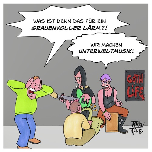 Cartoon: Unterweltmusik (medium) by Timo Essner tagged weltmusik,musik,lärm,garagenband,schülerband,nachwuchsmusiker,band,musiker,rock,metal,emo,hardcore,alternative,gothic,lärmbelästigung,krach,eltern,kinder,jugendliche,weltmusik,musik,lärm,garagenband,schülerband,nachwuchsmusiker,band,musiker,rock,metal,emo,hardcore,alternative,gothic,lärmbelästigung,krach,eltern,kinder,jugendliche