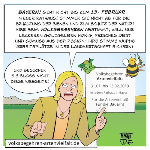 Cartoon: Volksbegehren Artenvielfalt (medium) by Timo Essner tagged volksbegehren,artenvielfalt,umwelt,umweltschutz,landwirtschaft,bienen,insekten,artenschutz,vögel,honig,obst,gemüse,landwirtschaftliche,produkte,bestäubung,landwirte,bauern,julia,klöckner,bayern,csu,cartoon,timo,essner,volksbegehren,artenvielfalt,umwelt,umweltschutz,landwirtschaft,bienen,insekten,artenschutz,vögel,honig,obst,gemüse,landwirtschaftliche,produkte,bestäubung,landwirte,bauern,julia,klöckner,bayern,csu,cartoon,timo,essner