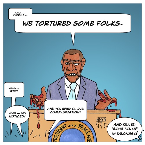 Cartoon: We tortured some folks (medium) by Timo Essner tagged folter,torture,guantanamo,folterflieger,obama,usa,cia,nsa,rechtsstaat,democracy