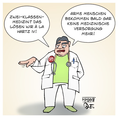 Cartoon: Zwei-Klassen-Medizin (medium) by Timo Essner tagged spd,gabriel,zweiklassenmedizin,bürgerversicherung,medizinische,versorgung,arztbesuch,patienten,privatpatienten,gesetzliche,krankenkassen,privatversicherungen,igel,leistungen,zusatzkosten,grundversorgung,ärztliche,cartoon,timo,essner,spd,gabriel,zweiklassenmedizin,bürgerversicherung,medizinische,versorgung,arztbesuch,patienten,privatpatienten,gesetzliche,krankenkassen,privatversicherungen,igel,leistungen,zusatzkosten,grundversorgung,ärztliche,cartoon,timo,essner