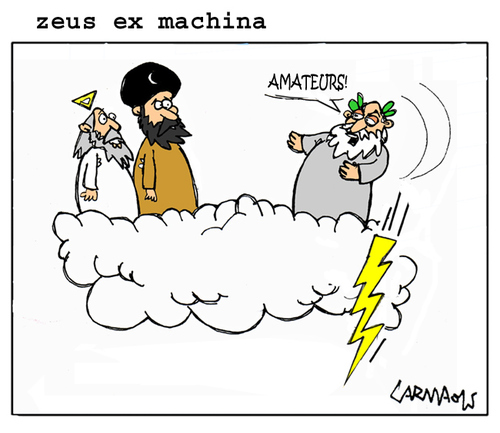 Cartoon: Zeus Ex Machina (medium) by Carma tagged greece,elections,greek,zeus,god,islam,religion,politics,mohammed,allah,tsipras