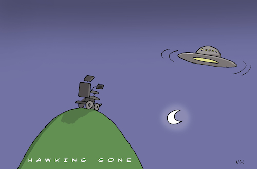 Cartoon: Hawking gone (medium) by Uliwood tagged stephen,hawking,physiker,nachruf,wissenschaftler,stephen,hawking,physiker,nachruf,wissenschaftler,todestag,weltraum,ufo