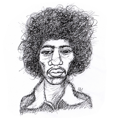 Cartoon: Jimi Hendrix (medium) by Uliwood tagged jimi,hendrix,musiker,geburtstag,portrait,karikatur,purple,haze,amerikaner,musician