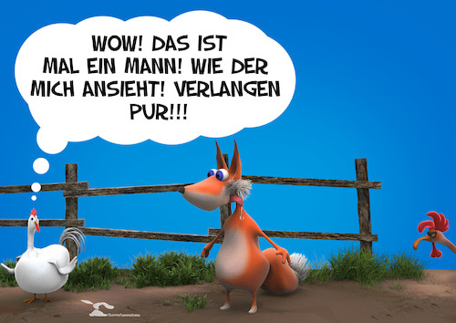 Cartoon: Ein echter Kerl (medium) by Rüsselhase tagged huhn,fuchs,beziehung,hahn,bauernhof