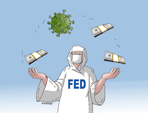 Cartoon: fedcorona (medium) by Lubomir Kotrha tagged coronavirus,wall,street,fed,burza,dollar