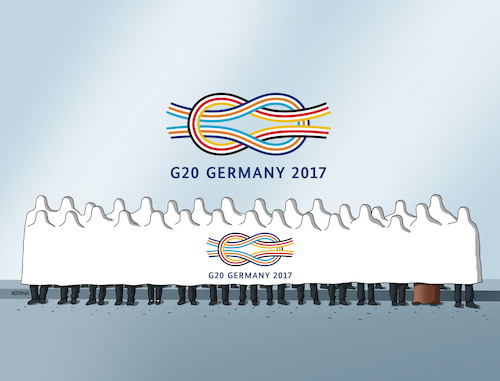 Cartoon: g20germany1 (medium) by Lubomir Kotrha tagged summit,g20,germany,hamburg,merkel,trump,putin,world,dollar,euro,libra,peace,war