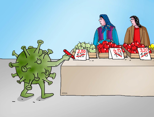 Cartoon: koroprepis (medium) by Lubomir Kotrha tagged corona,pandemic,prices,corona,pandemic,prices,covid,19,virus,markt,preise,steigen,teuer,nachfrage