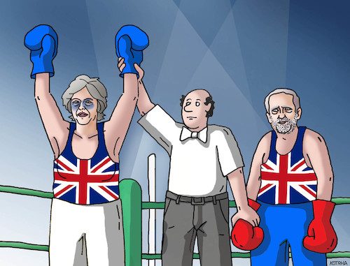 Cartoon: maycorbyn (medium) by Lubomir Kotrha tagged british,election,theresa,may,jeremy,corbyn,brexit,eu,world,libra,euro,dollar
