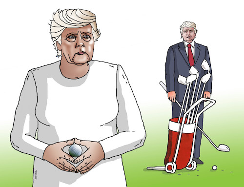 Cartoon: merkelgolf (medium) by Lubomir Kotrha tagged angela,merkel,germany,donald,trump,usa,golf,clo,zoll,douane