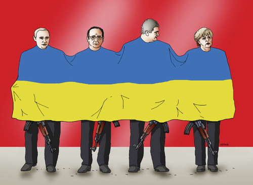 Cartoon: minsk2 (medium) by Lubomir Kotrha tagged ukraine,minsk,putin,merkel,hollande,poroshenko,kyev,peace,war