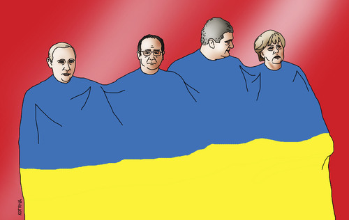 Cartoon: minsk (medium) by Lubomir Kotrha tagged ukraine,minsk,putin,merkel,hollande,poroshenko,kyev,peace,war