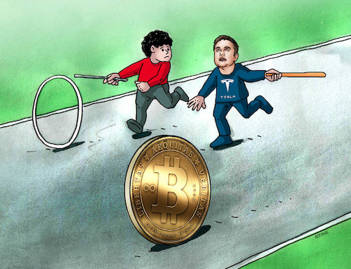 Cartoon: muskbit (medium) by Lubomir Kotrha tagged bitcoin,dollar,euro,libra,rubel,musk,bitcoin,dollar,euro,libra,rubel,musk