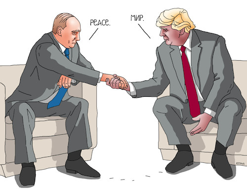 Cartoon: putintrump (medium) by Lubomir Kotrha tagged putin,trump,summit,g20,hamburg,germany,2017,war,peace,dollar,euro,world