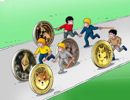 Cartoon: memecoin (medium) by Lubomir Kotrha tagged dollar,euro,cryptocurrency,bitcoin,memecoin,dollar,euro,cryptocurrency,bitcoin,memecoin