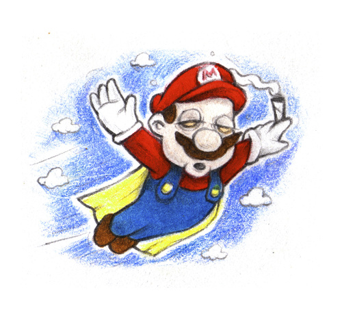 Cartoon: Cape Mario (medium) by Trippy Toons tagged super,mario,trippy,marihu,weed,cannabis,stoner,kiffer,ganja,video,game