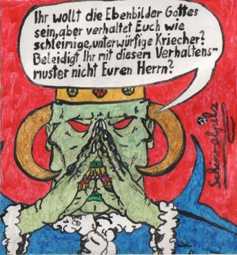Cartoon: Ebenbilder Gottes (medium) by Schimmelpelz-pilz tagged dämon,demon,devil,teufel,missionierung,missionar,missionary,bekehrung,bekehren,ebenbild,ebenbilder,gott,gottes,images,of,god,sin,sünde,insult,beleidigung,green,grüne,haut,skin,monster,creature,crown,krone,kreatur,abomination,ungeheuer