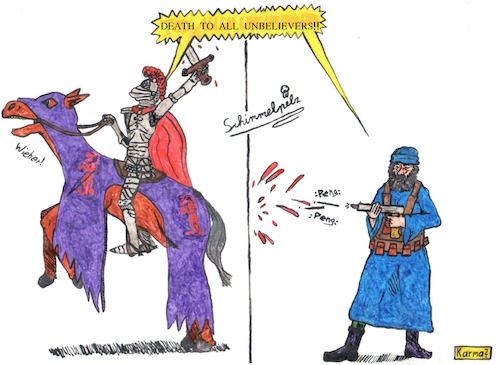 Cartoon: it is not better (medium) by Schimmelpelz-pilz tagged terrorist,terrorism,knight,holy,islam,muslim,christ,christian,violence,religion,religious,war,blood,suppression
