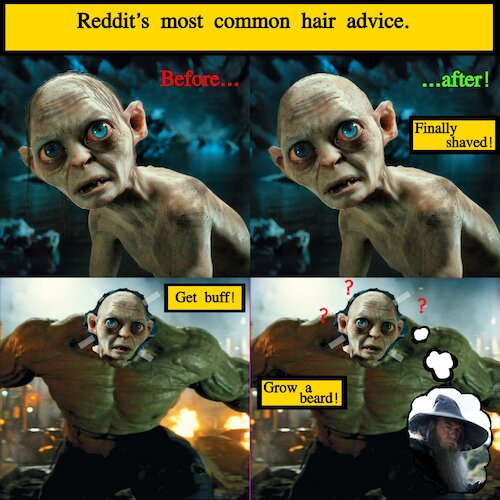 Cartoon: Meme - Finally Shaved (medium) by Schimmelpelz-pilz tagged meme,bald,balding,baldness,reddit,buff,gym,muscle,muscles,male,hair,cut,haircut,hairstyle,advice,internet,fun,funny,hilarious,joke,gag,humor,gollum,hulk,gandalf,work,out,shave,shaving,shaved