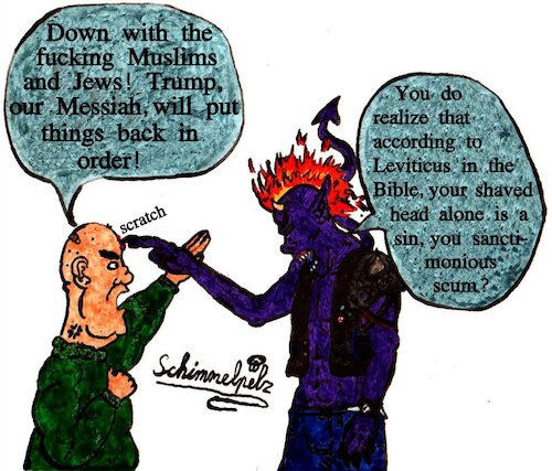 Cartoon: Shaving Sin - Radikale Rasur (medium) by Schimmelpelz-pilz tagged shaving,sin,shave,shaved,head,skinhead,trump,voter,fan,right,winged,nazi,republican,punk,demon,messiah,fire,flame,mohawk,sinner,conservative,republikaner,konservativer,trumpwähler,dämon,radikale,rasur,glatze,glatzkopf,rechtsradikal,sünder,messias,scheinheiliger,feuermohawk,flammenmohawk,feuerirokese,flammenirokese