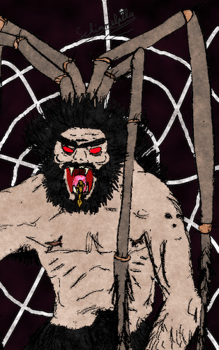 Cartoon: Spinnenmensch - Spider Human (medium) by Schimmelpelz-pilz tagged horror,phantasie,fantasie,kreatur,spinne,mensch,wild,monster,haarig,vollbart,hybrid,spinnenmensch,spider,human,humanoid,creature,full,beard,fangs,fantasy