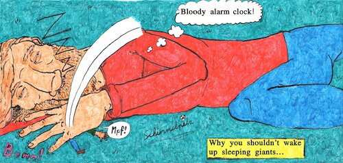 Cartoon: Waking Sleeping Giants (medium) by Schimmelpelz-pilz tagged giant,sleeping,waking,up,alarm,clock,beard,human,nap