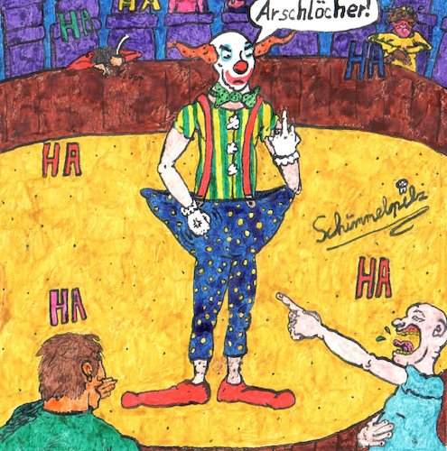 Cartoon: Wütender Clown (medium) by Schimmelpelz-pilz tagged wütender,clown,zorn,wut,aggression,belustigung,auslachen,mittelfinger,stinkefinger,zirkus,lachen,tribüne