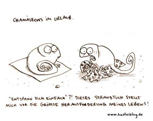 Cartoon: Chamäleons im Urlaub. (medium) by puvo tagged chameleon,holidays,beach,vacation,towel,strandtuch,urlaub,strand,chamäleon