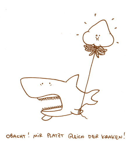 Cartoon: Kraken platzt. (medium) by puvo tagged hai,shark,kraken,oktopus,octopus,wortspiel,word,play,kragen,wut,anger,aggression,aggressiv,ozean,meer,fisch