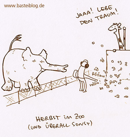 Cartoon: Laubbläser. (medium) by puvo tagged herbst,laubbläser,lärm,laub,zoo,elefant,giraffe,elephant,noise,leaves,blatt,blätter,foliage,leaf,blower