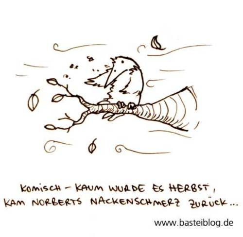 Cartoon: Nackenschmerz. (medium) by puvo tagged vogel,bird,herbst,autumn,wind,sturm,storm,tempest,nacken,nape,neck,schmerz,pain
