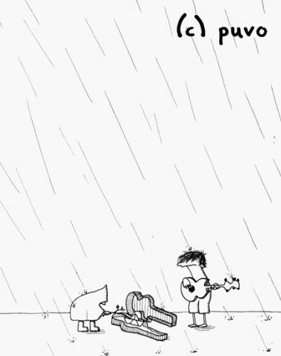 Cartoon: One Man Band 2 (medium) by puvo tagged music,musik,one,man,band,rain,regen,concert,konzert,straße,musiker,street