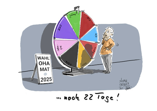 Cartoon: Bundestagswahl 2025... Glücksrad (medium) by Jori Niggemeyer tagged demokratie,entscheidung,politik,bundestagswahl,parteien,glaubwürdigkeit,wahl,positivethinking,positivdenken,deutschland,spd,grüne,bsw,cdu,afd,fdp,linke,demokratie,entscheidung,politik,bundestagswahl,parteien,glaubwürdigkeit,wahl,positivethinking,positivdenken,deutschland,spd,grüne,bsw,cdu,afd,fdp,linke