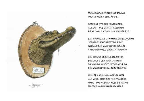 Cartoon: Das Krokodil... (medium) by Jori Niggemeyer tagged krokodil,trophäe,afrika,sambesi,flinte,müller,urlaub,erlebnis,rettung,wasser,fluss,niggemeyer,joricartoon,cartoon