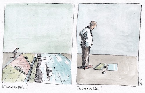Cartoon: Das Riesenpuzzle (medium) by Jori Niggemeyer tagged wortspielerei,puzzle,riesenpuzzle,größe,groß,klein,besitz,haben