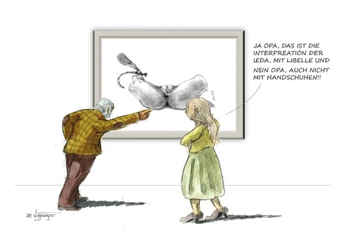Cartoon: Die Leda mit der Libelle (medium) by Jori Niggemeyer tagged museum,opa,enkelin,bild,versuch,leda,schwan,libelle,malerei,niggemeyer,joricartoon,cartoon