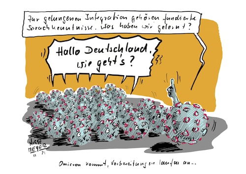 Cartoon: Hallo Deutschland... (medium) by Jori Niggemeyer tagged omicron,delta,corona,impfung,integration