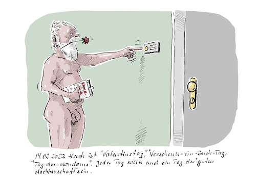 Cartoon: Heute ist ... (medium) by Jori Niggemeyer tagged valentinstag,valentinswoche,rose,blume,zuneigung,nachbarschaft,kamasutra,buch,bücher,kondom,besuch,valentinstag,valentinswoche,rose,blume,zuneigung,nachbarschaft,kamasutra,buch,bücher,kondom,besuch,mann,nackt,haustür