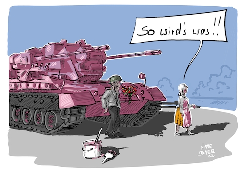 Cartoon: Mehr Weiblichkeit... (medium) by Jori Niggemeyer tagged weiblichkeit,deeskalation,panzer,gepard,krieg,nowar,wladimirputin,lawrow,fckptn,fuckputin,putin,ukrainetoday,ukraine,moskau,kreml,standwithukraine,ukrainewar,humor,joricartoon,niggemeyer,cartooon,cartoonart,illustration,illustrator,karikatur,satire,cartoondrawing,cartoon,weiblichkeit,deeskalation,panzer,gepard,krieg,nowar,wladimirputin,lawrow,fckptn,fuckputin,putin,ukrainetoday,ukraine,moskau,kreml,standwithukraine,ukrainewar,humor,joricartoon,niggemeyer,frau,mädchen,rosa,blumen,farbe,zuversicht