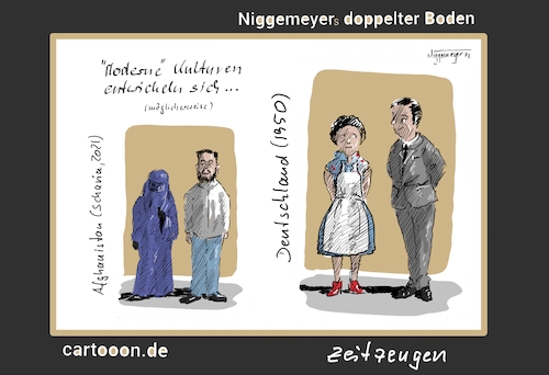 Cartoon: Moderne Kulturen... (medium) by Jori Niggemeyer tagged afghanistan,deutschland,taliban,1950,scharia,frauenrechte,menschenrechte,männer,männergesellschaft,entwicklung,kultur