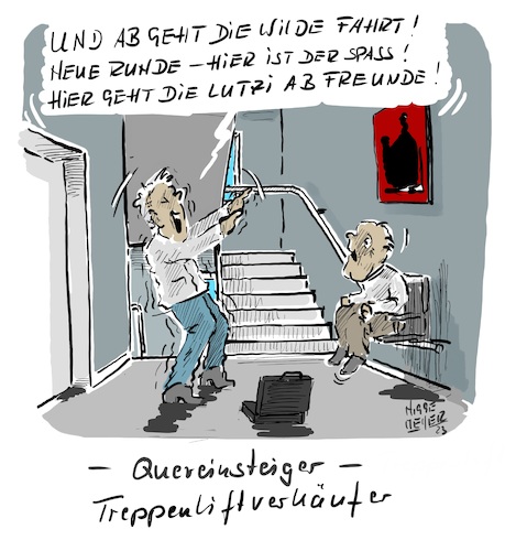 Cartoon: Quereinsteiger... (medium) by Jori Niggemeyer tagged quereinsteiger,treppenlift,verkäufer,schausteller,senior,treppe,treppenhaus,treppensteigen,stufen,schweben,quereinsteiger,treppenlift,verkäufer,schausteller,senior,treppe,treppenhaus,treppensteigen,stufen,schweben