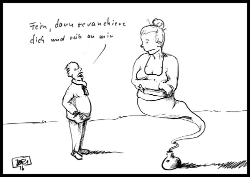 Cartoon: Revanche (medium) by Jori Niggemeyer tagged flaschengeist,geist,flasche,gegenleistung,revanche,mann,weiblich,niggemeyer,joricartoon,cartoon,jori