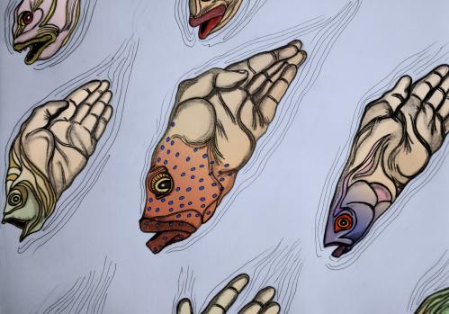 Cartoon: Irrational Creatures of the Sea (medium) by javierhammad tagged surreal,fish,animal,monster,hand,mutant,swim,illustration,fisch,hand,körperteil,körper,anatomie,tiere,monster,ungeheuer,mutation,biologie,evolution,mensch,mutant,genetik,gene,manipulation,gentechnik,kreuzung