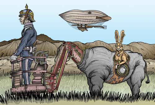 Cartoon: Irrational hunting time (medium) by javierhammad tagged surreal,hunt,machine,monster,blimp,soldier,war,mountains,bunny,clocks,elevating,illustration,illustrationen,fantasie,surrealismus,surreal,tier,tiere,umwelt,natur,mensch,menschheit,technik,entwicklung,fortschritt,mutation,nashorn,hase,soldat,maschine,maschinenbau