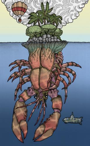 Cartoon: The balloon and the submarine (medium) by javierhammad tagged balloon,submarine,island,monster,crab,fantasy,the,illustration,illustrationen,wasser,meer,meerestiere,tier,tiere,insel,monster,krabbe,krebs,ungeheuer,unterwasser,metamorphose