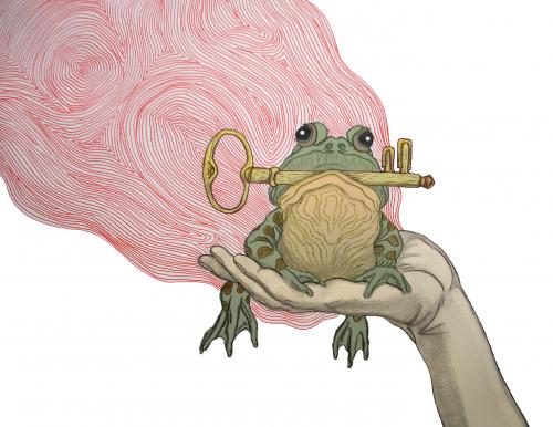 Cartoon: The Frog and the Key (medium) by javierhammad tagged frog,key,tale,closed,open,trapped,the,froschkönig,frosch,tier,schlüssel,geheimnis,mysteriös,geschichte,märchen,kindermärchen,lösung,ausweg,philosophie,weg,ziel,eingang,zugang,hindernis,hürde,überwindung,kuss,illustration