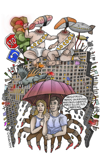 Cartoon: The sacrifice (medium) by javierhammad tagged city,cool,surreal,food,sushi,lost,umbrella,monster,spider