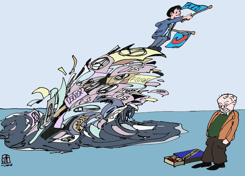 Cartoon: Die Welle nach oben (medium) by thomasH tagged terror,is,anschläge,paris,attentate,tote,mord,afd,zulauf,drittstärkste,kraft
