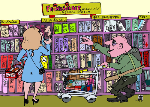 Cartoon: Supermarkt der Feindbilder (medium) by thomasH tagged feindbilder,supermarkt,vorurteile,hassobjekte,asylanten,flüchtlinge,jedermann